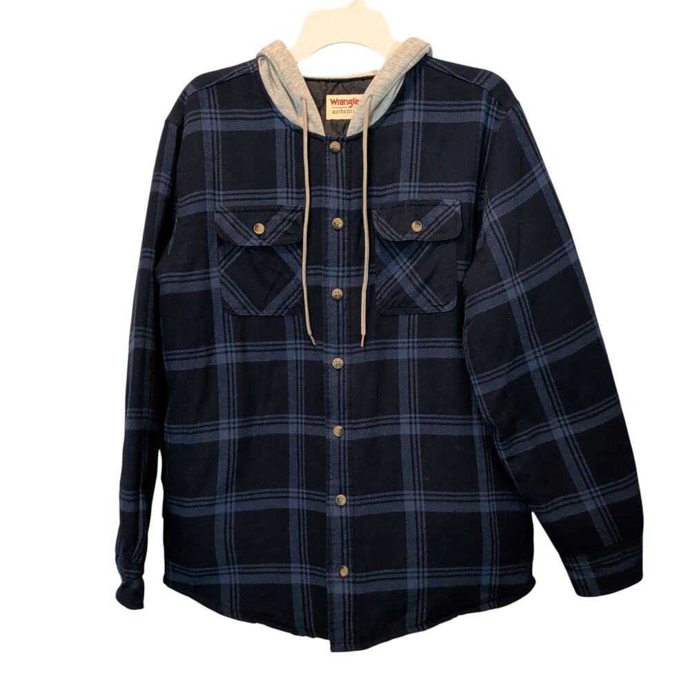Vintage Wrangler Sz M Blue Plaid Hooded Quilted Shacket Cotton Workwear Utility